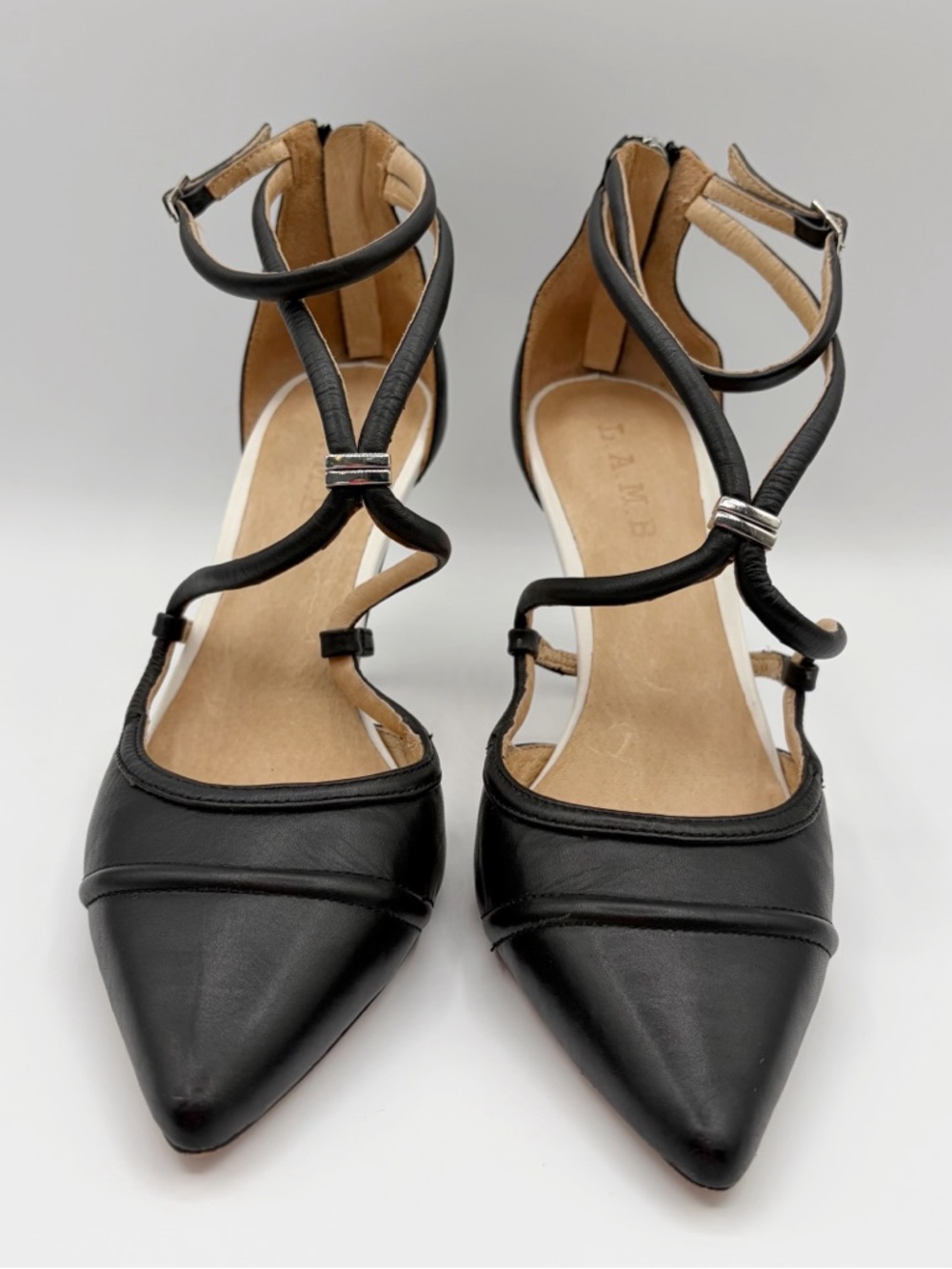LAMB Gwen Stefani Y2K Leather Pointed Toe Black Leather Ankle Strap Heels Sz 7.5